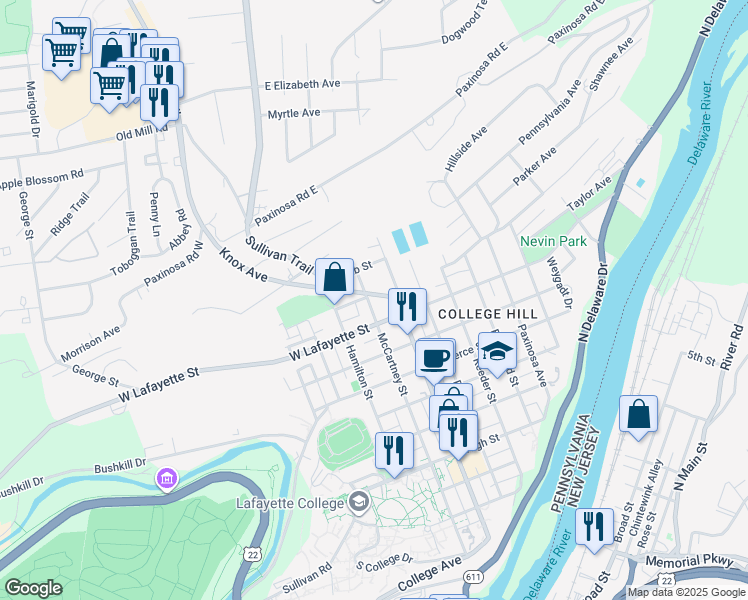 map of restaurants, bars, coffee shops, grocery stores, and more near 830 McCartney Street in Easton