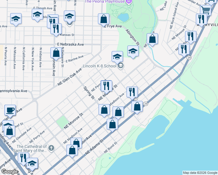 map of restaurants, bars, coffee shops, grocery stores, and more near 1410 Northeast Perry Avenue in Peoria