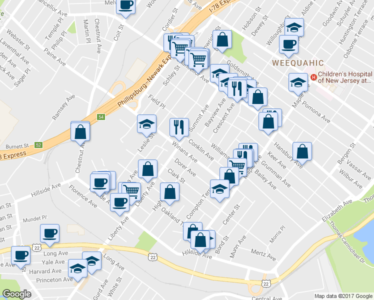map of restaurants, bars, coffee shops, grocery stores, and more near 275 Winans Avenue in Hillside