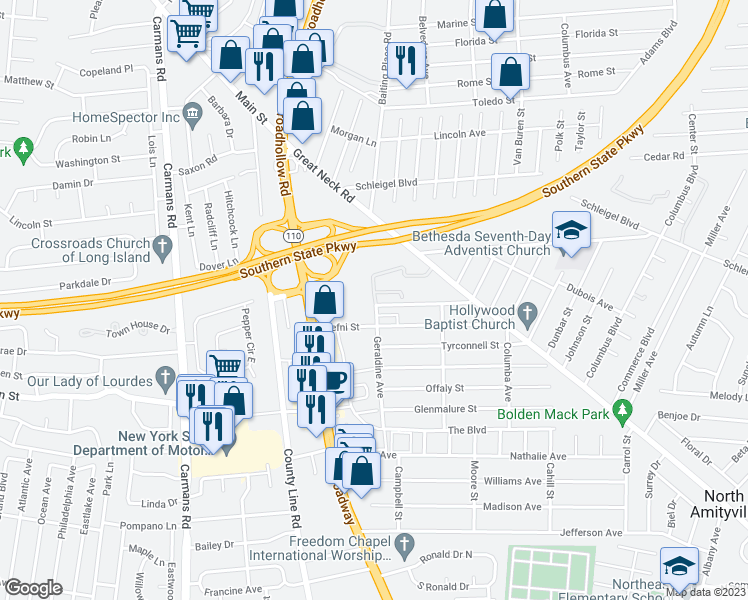 map of restaurants, bars, coffee shops, grocery stores, and more near 27 Darerka Street in Amityville