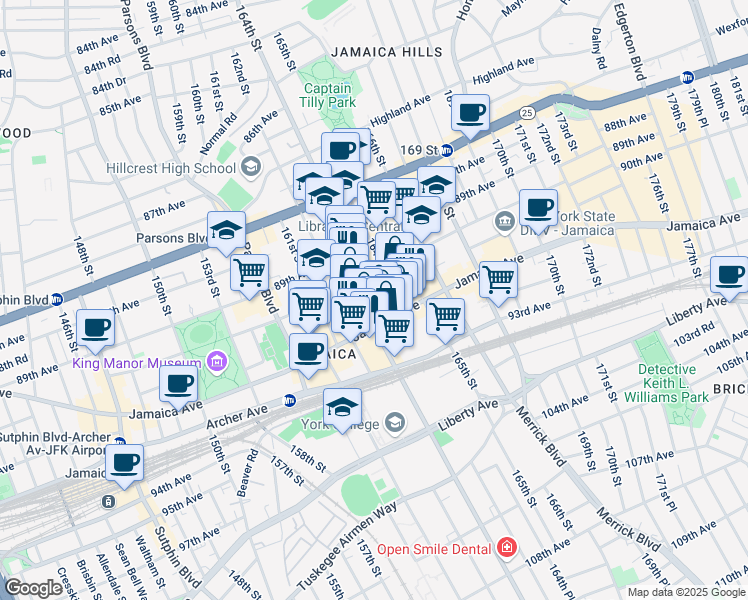 map of restaurants, bars, coffee shops, grocery stores, and more near 8963 163rd Street in Queens
