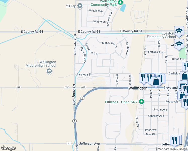map of restaurants, bars, coffee shops, grocery stores, and more near 3300 Saratoga Street in Wellington