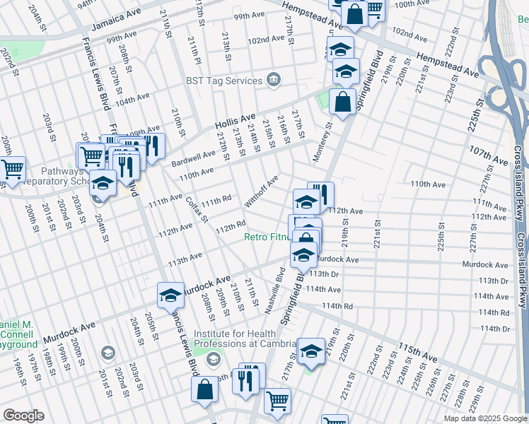 map of restaurants, bars, coffee shops, grocery stores, and more near 212-31 112th Road in Queens
