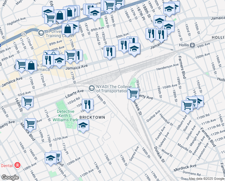 map of restaurants, bars, coffee shops, grocery stores, and more near 180-66 Liberty Avenue in Queens