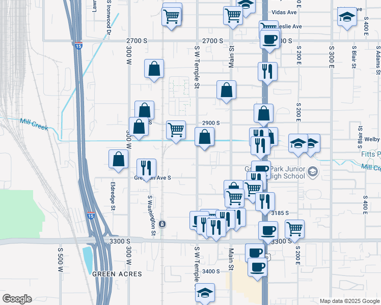 map of restaurants, bars, coffee shops, grocery stores, and more near 3020 South West Temple Street in South Salt Lake