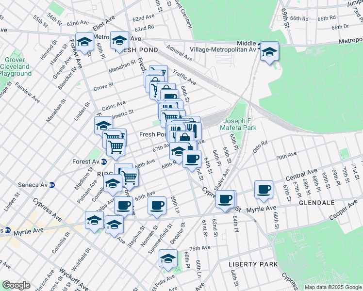 map of restaurants, bars, coffee shops, grocery stores, and more near 67-19 Fresh Pond Road in Queens