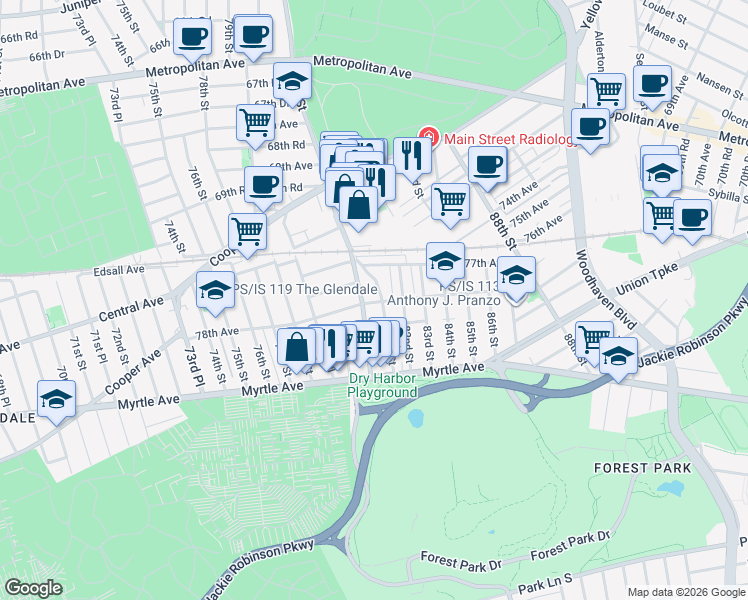 map of restaurants, bars, coffee shops, grocery stores, and more near 77-43 81st Street in Queens