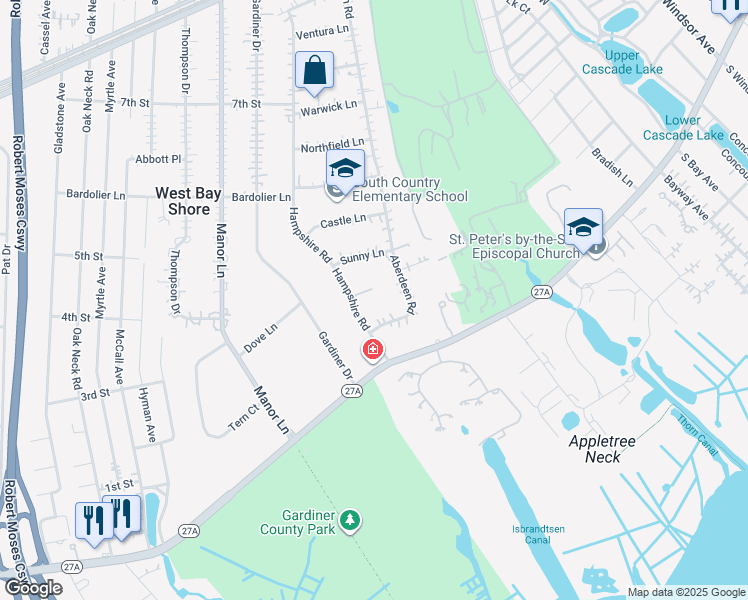 map of restaurants, bars, coffee shops, grocery stores, and more near 19 Shady Court in Bay Shore