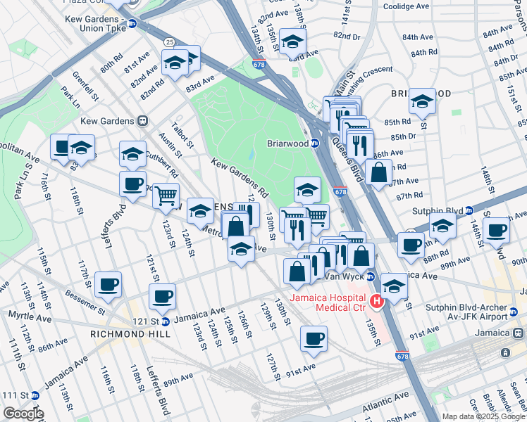 map of restaurants, bars, coffee shops, grocery stores, and more near 84-22 130th Street in Queens