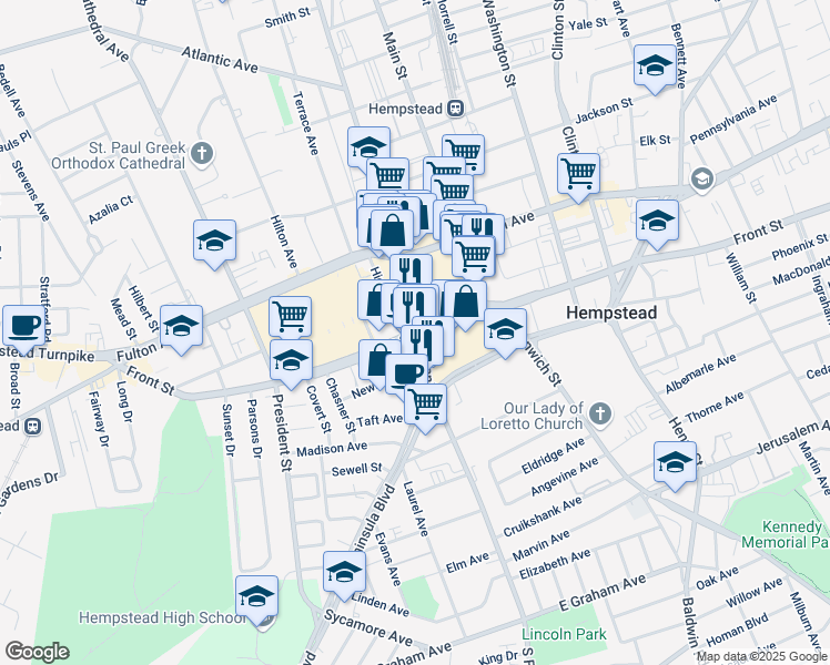 map of restaurants, bars, coffee shops, grocery stores, and more near 1 South Franklin Street in Hempstead