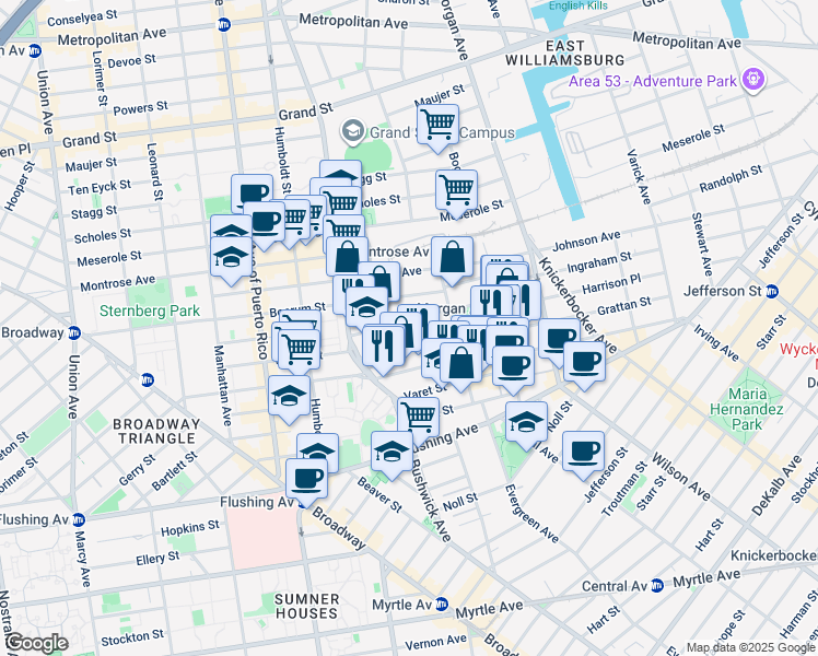 map of restaurants, bars, coffee shops, grocery stores, and more near 14 Seigel Court in Brooklyn
