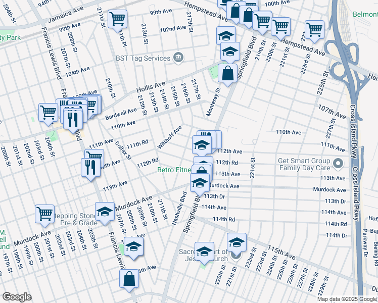 map of restaurants, bars, coffee shops, grocery stores, and more near 215-08 112th Avenue in Queens