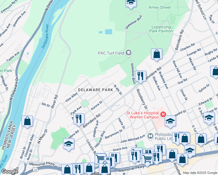 map of restaurants, bars, coffee shops, grocery stores, and more near 340 Park Avenue in Phillipsburg