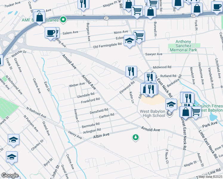 map of restaurants, bars, coffee shops, grocery stores, and more near 50 Rosella Court in West Babylon