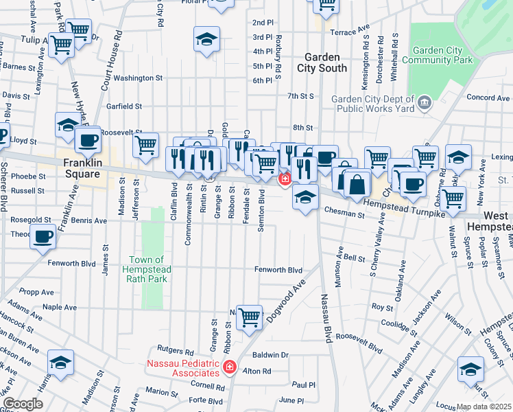map of restaurants, bars, coffee shops, grocery stores, and more near 40 Semton Boulevard in Franklin Square
