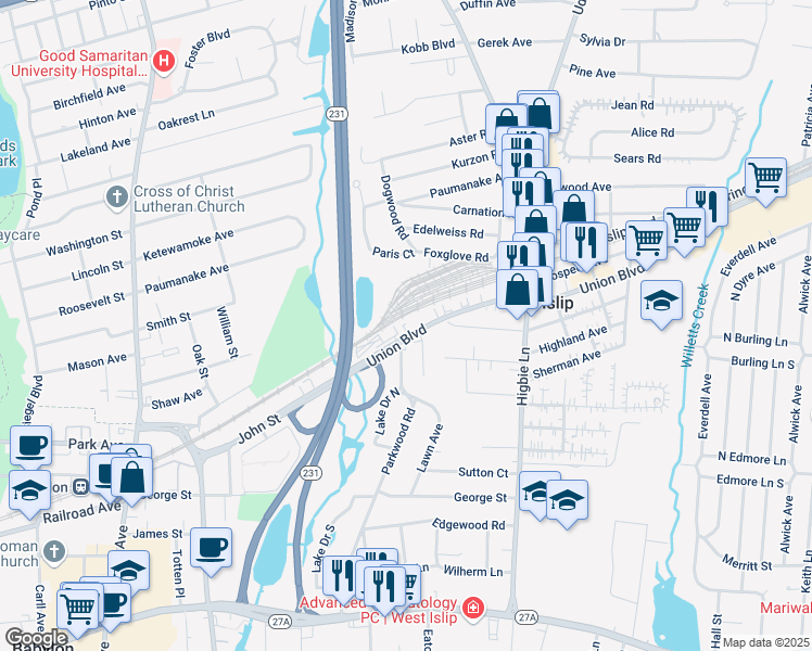 map of restaurants, bars, coffee shops, grocery stores, and more near 201 Union Boulevard in West Islip