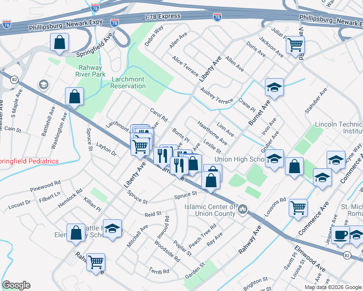map of restaurants, bars, coffee shops, grocery stores, and more near 2621 Browning Place in Union