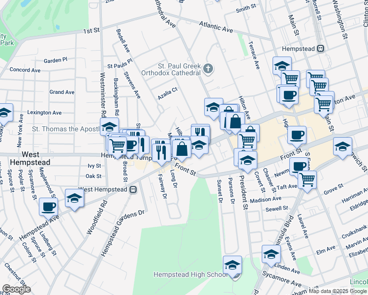 map of restaurants, bars, coffee shops, grocery stores, and more near 35 Fulton Avenue in Hempstead
