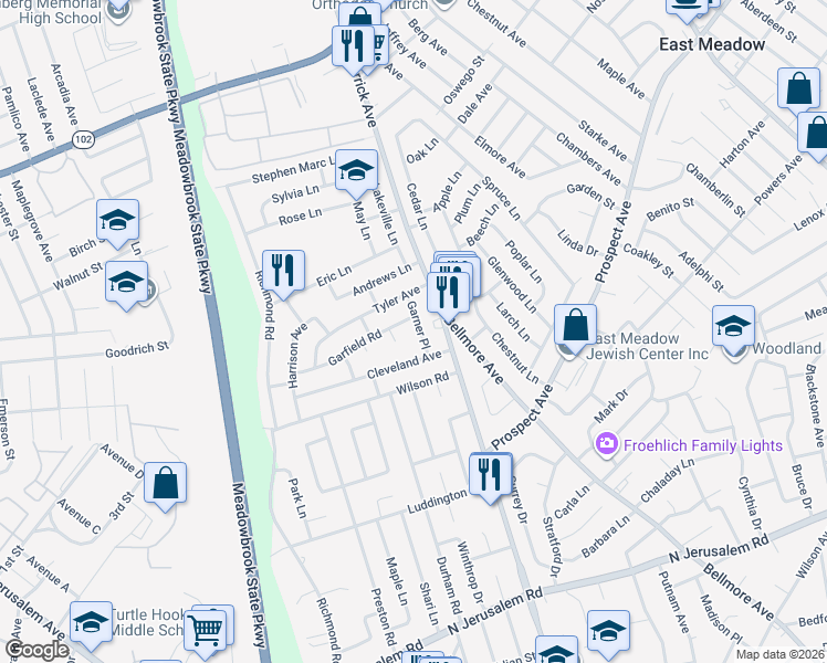 map of restaurants, bars, coffee shops, grocery stores, and more near 640 Garner Pl in East Meadow