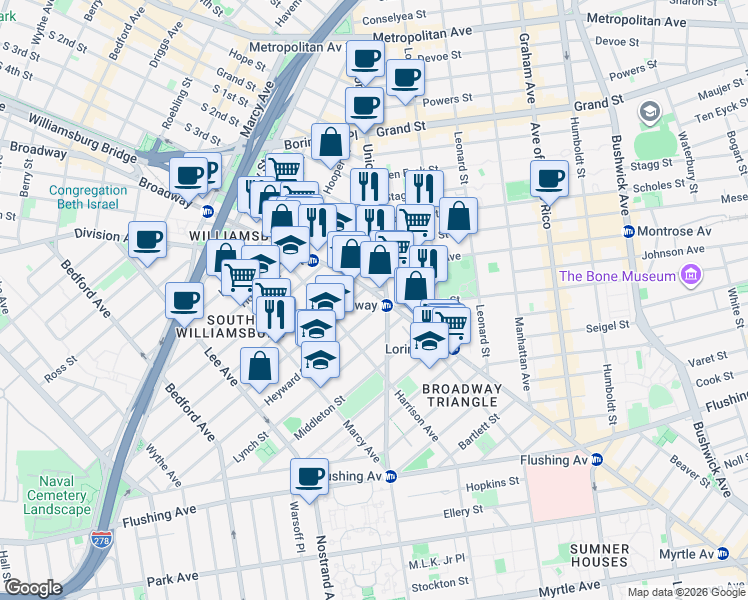 map of restaurants, bars, coffee shops, grocery stores, and more near in Brooklyn
