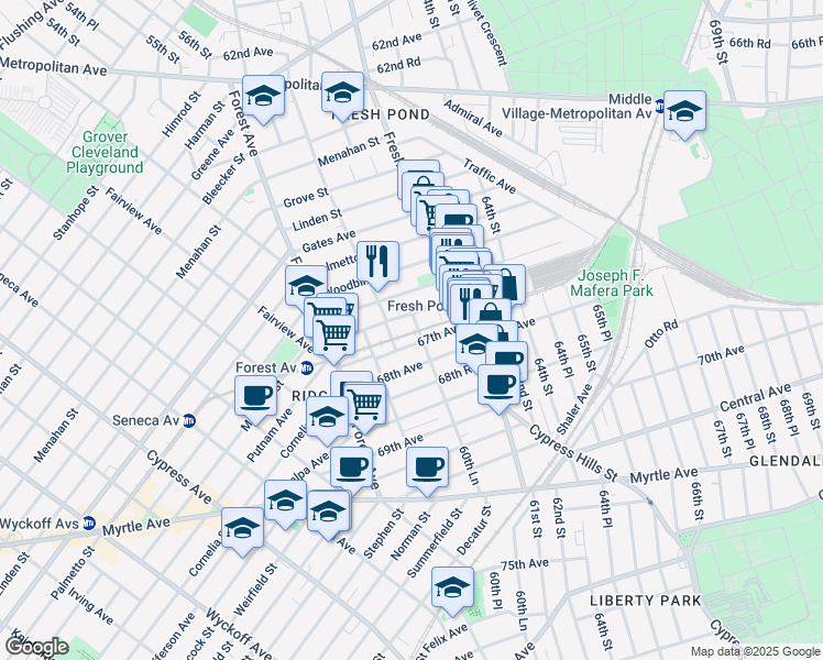 map of restaurants, bars, coffee shops, grocery stores, and more near 66-16 60th Lane in Queens