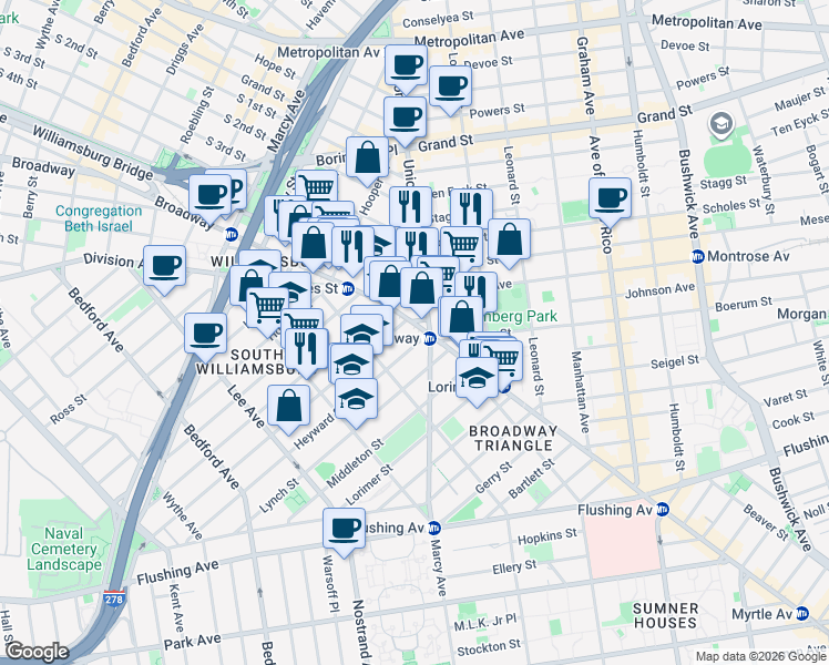 map of restaurants, bars, coffee shops, grocery stores, and more near in Brooklyn