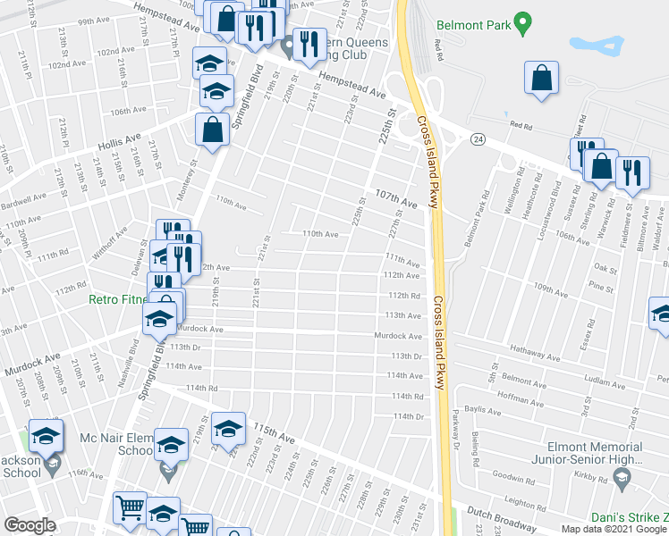 map of restaurants, bars, coffee shops, grocery stores, and more near 223-43 112th Avenue in Queens