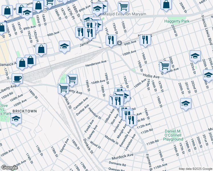 map of restaurants, bars, coffee shops, grocery stores, and more near 104-20 189th Street in Queens