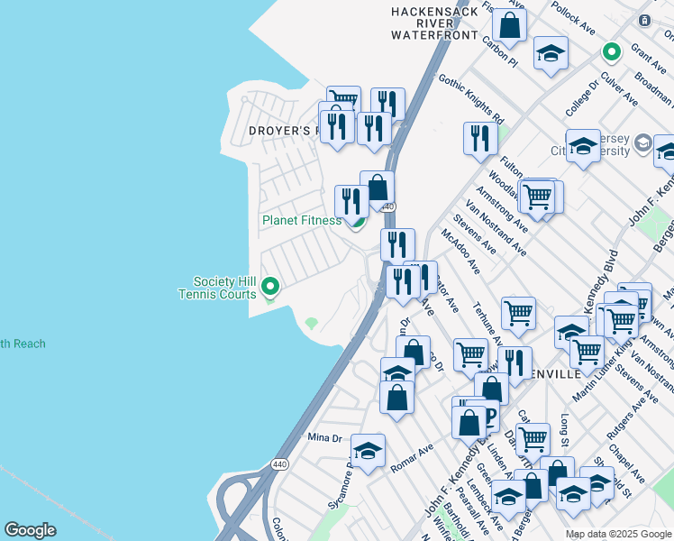 map of restaurants, bars, coffee shops, grocery stores, and more near 46 Cherry Street in Jersey City