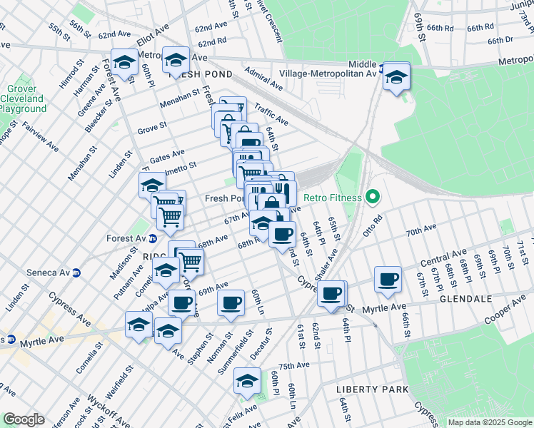 map of restaurants, bars, coffee shops, grocery stores, and more near 6715 Fresh Pond Road in Queens