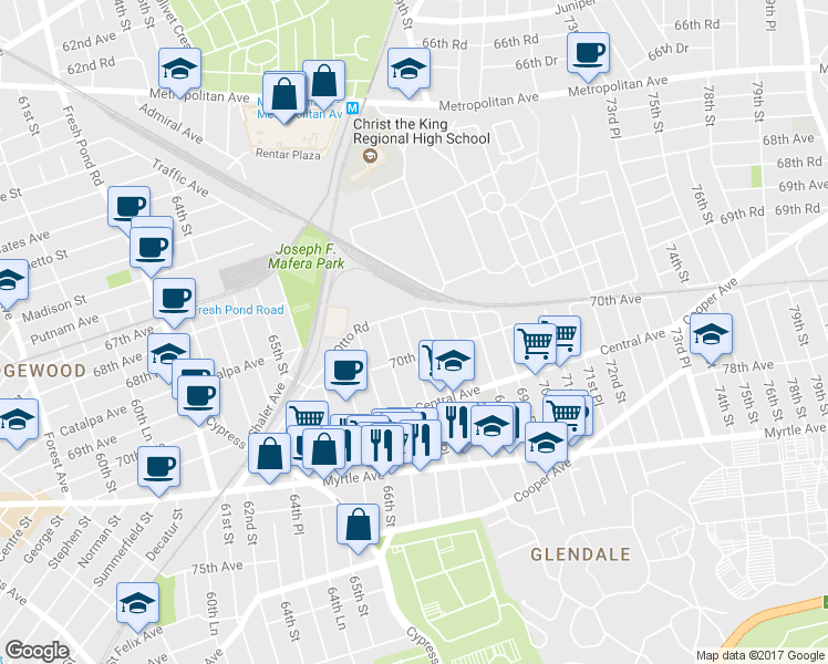 map of restaurants, bars, coffee shops, grocery stores, and more near 69-17 67th Place in Queens