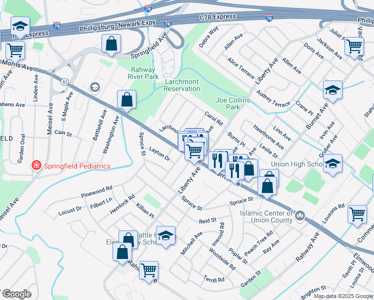map of restaurants, bars, coffee shops, grocery stores, and more near 2735 Morris Avenue in Union