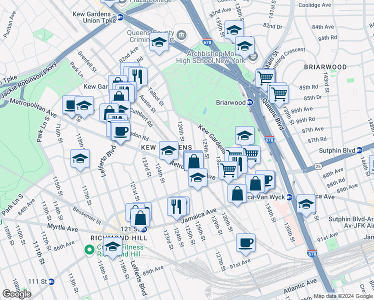 map of restaurants, bars, coffee shops, grocery stores, and more near 84-81 126th Street in Queens