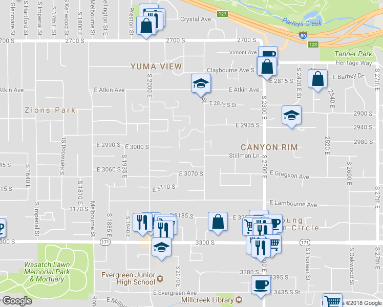 map of restaurants, bars, coffee shops, grocery stores, and more near 2106 Connor Park Cove in Salt Lake City