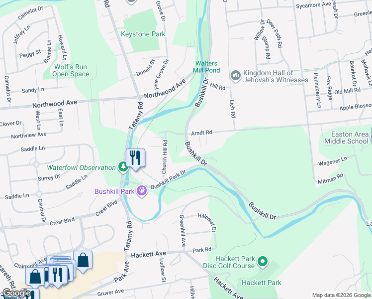 map of restaurants, bars, coffee shops, grocery stores, and more near 1842 Bushkill Drive in Easton