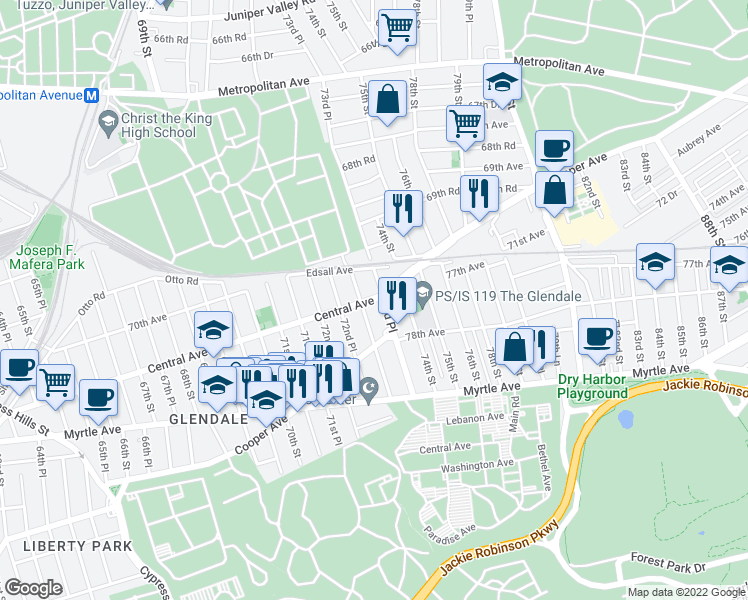 map of restaurants, bars, coffee shops, grocery stores, and more near 73-60 Central Avenue in Queens