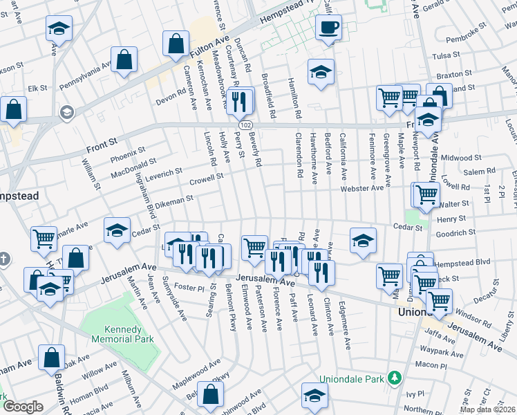 map of restaurants, bars, coffee shops, grocery stores, and more near 146 Perry Street in Hempstead