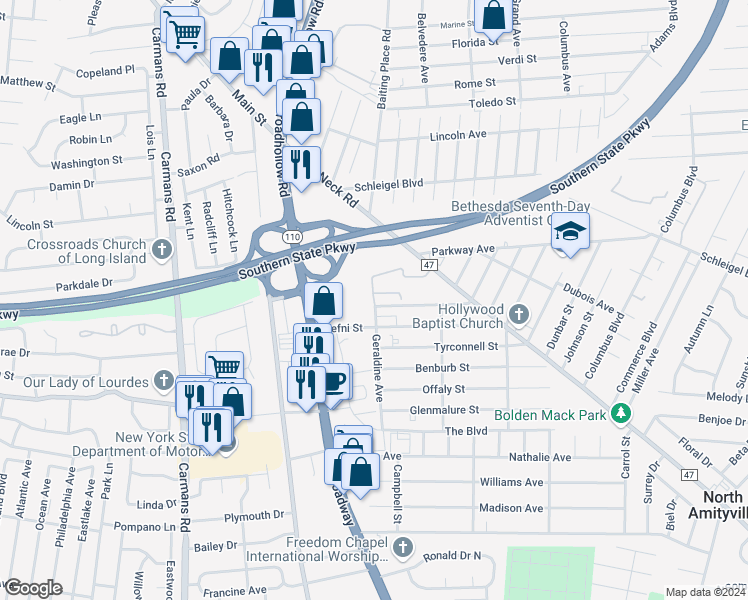 map of restaurants, bars, coffee shops, grocery stores, and more near 17 Frontier Way in Amityville