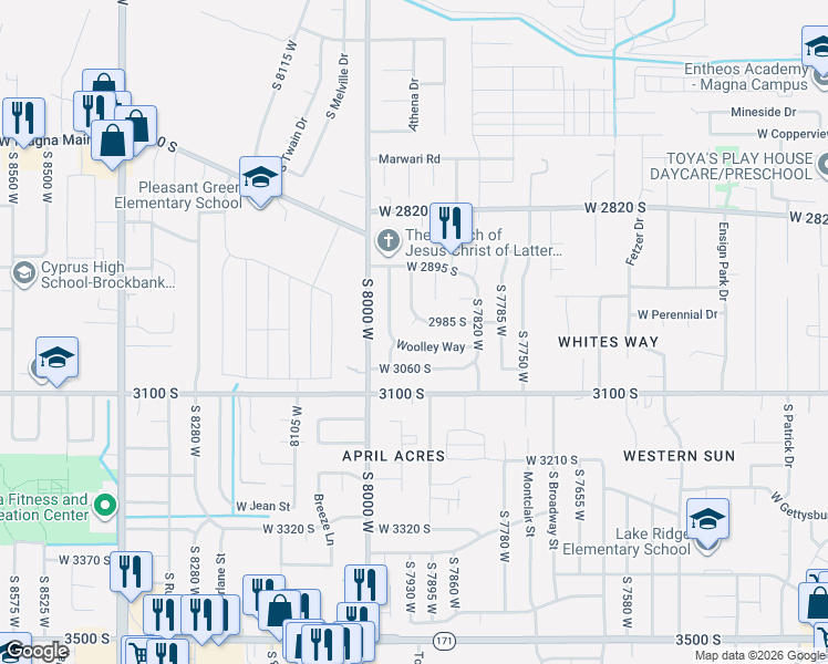 map of restaurants, bars, coffee shops, grocery stores, and more near 7898 Woolley Way in Magna
