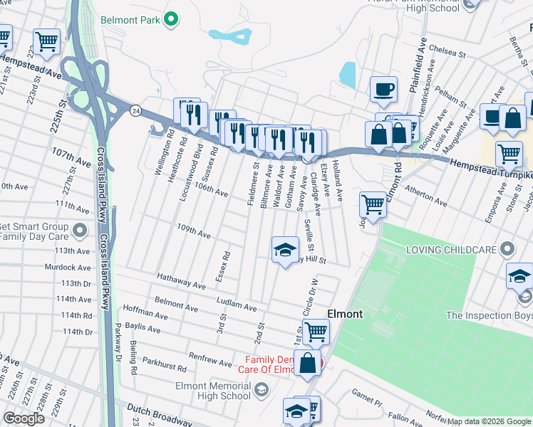 map of restaurants, bars, coffee shops, grocery stores, and more near 120 Biltmore Ave in Elmont