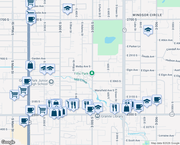 map of restaurants, bars, coffee shops, grocery stores, and more near 3014 500 East in South Salt Lake
