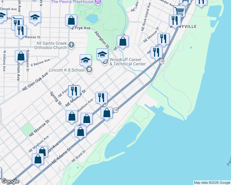 map of restaurants, bars, coffee shops, grocery stores, and more near 1715 Northeast Jefferson Street in Peoria