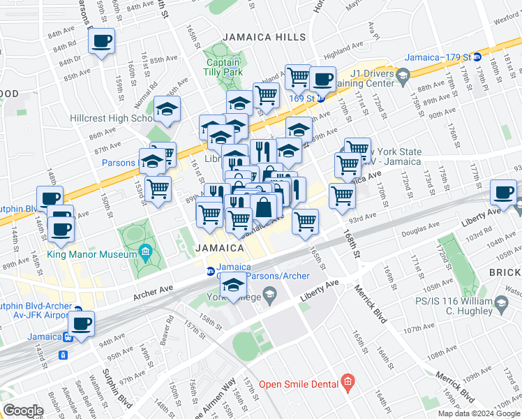 map of restaurants, bars, coffee shops, grocery stores, and more near 89-62 164th Street in Queens