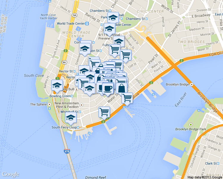 map of restaurants, bars, coffee shops, grocery stores, and more near 74 Wall Street in New York