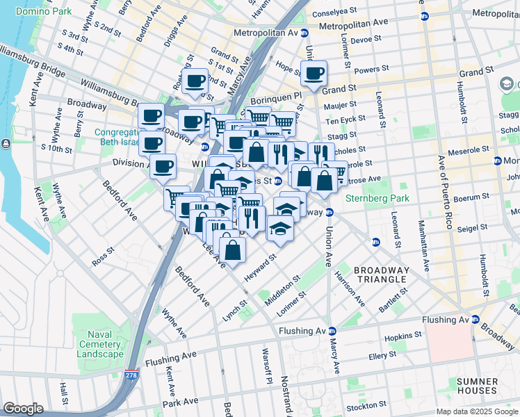 map of restaurants, bars, coffee shops, grocery stores, and more near 268 Hewes Street in Brooklyn