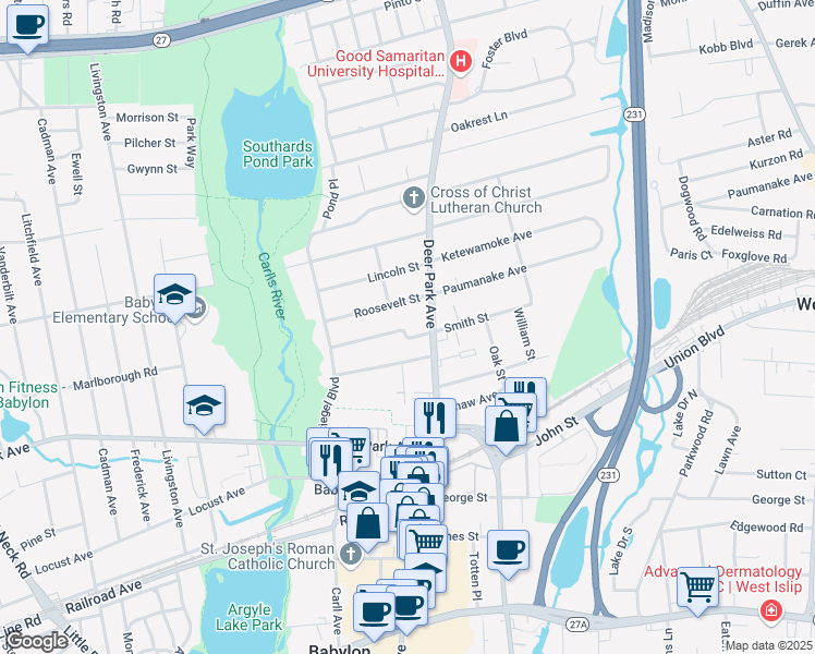 map of restaurants, bars, coffee shops, grocery stores, and more near 17 Strong Ave in Babylon