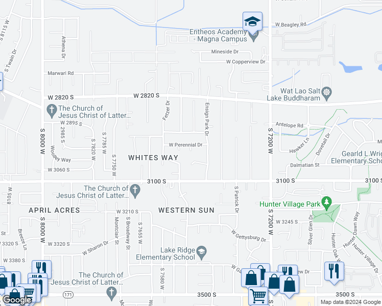 map of restaurants, bars, coffee shops, grocery stores, and more near 3004 South Perennial Court in Magna
