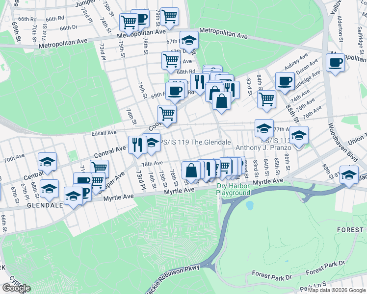 map of restaurants, bars, coffee shops, grocery stores, and more near 77-42 79th Street in Queens