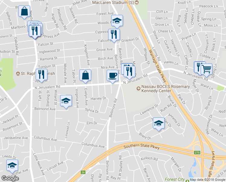 map of restaurants, bars, coffee shops, grocery stores, and more near 707 Hoover Street in North Bellmore