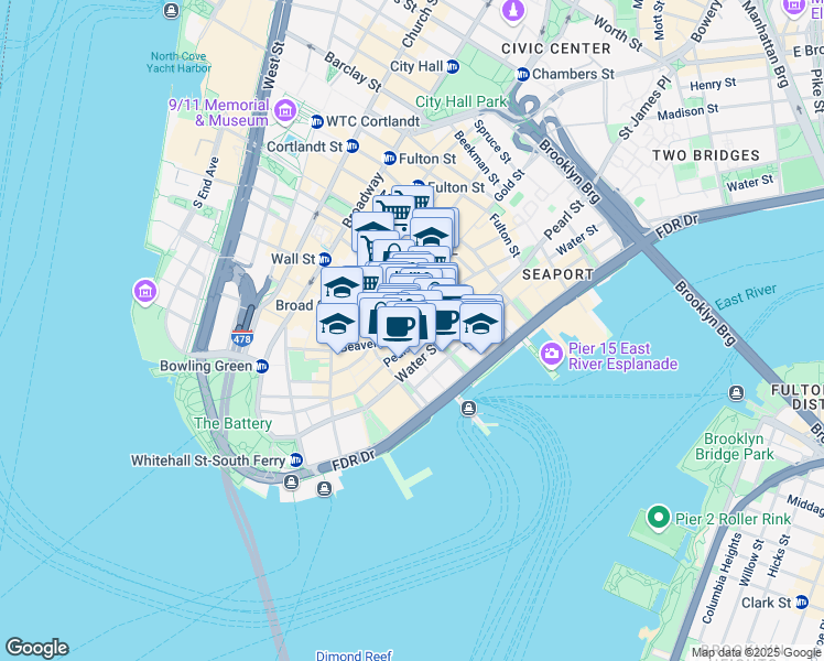 map of restaurants, bars, coffee shops, grocery stores, and more near 67 Wall Street in New York